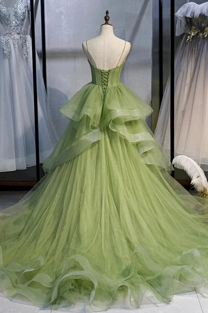 Green Tulle Long Prom Dresses A-Line Evening Dresses with Train PSK418 by pgmdress