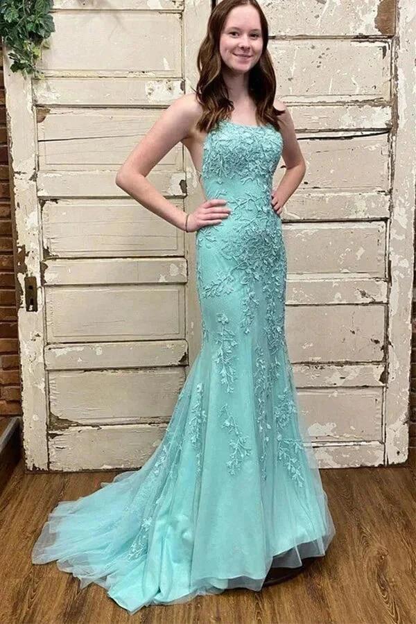 Green Tulle Mermaid Scoop Neck Lace Up Prom Dresses Evening Dresses PSK438 by pgmdress