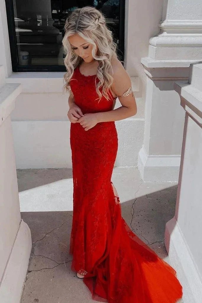 Green Tulle Mermaid Scoop Neck Lace Up Prom Dresses Evening Dresses PSK438 by pgmdress