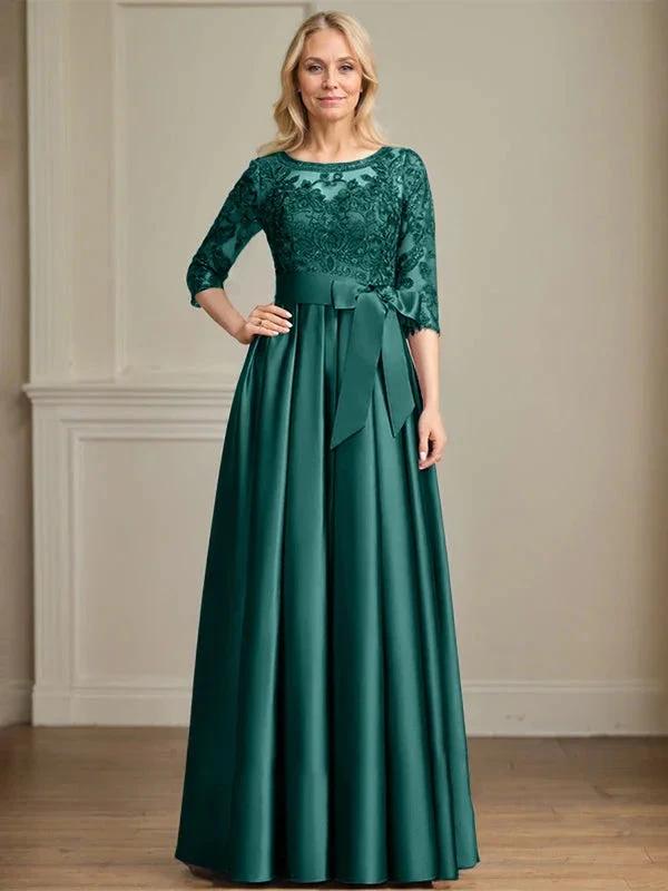 A-line Scoop Illusion Floor-Length Satin Lace Mother of the Bride Dress With Sequins Bow by Dreamylily