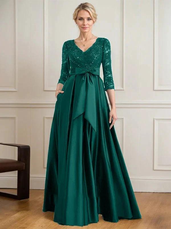 A-line V-Neck Floor-Length Satin Lace Mother of the Bride Dress With Sequins Bow by Dreamylily