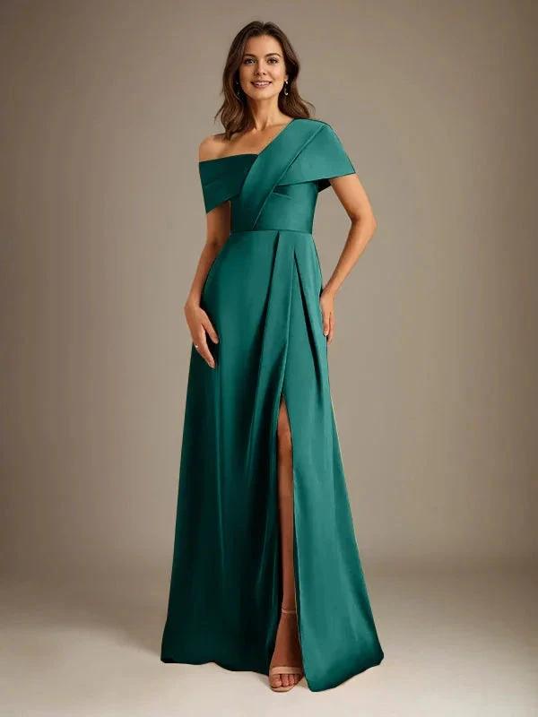 A-Line Asymmetrical Neckline Floor-Length Satin Mother of the Bride Dress With Pleated by Dreamylily