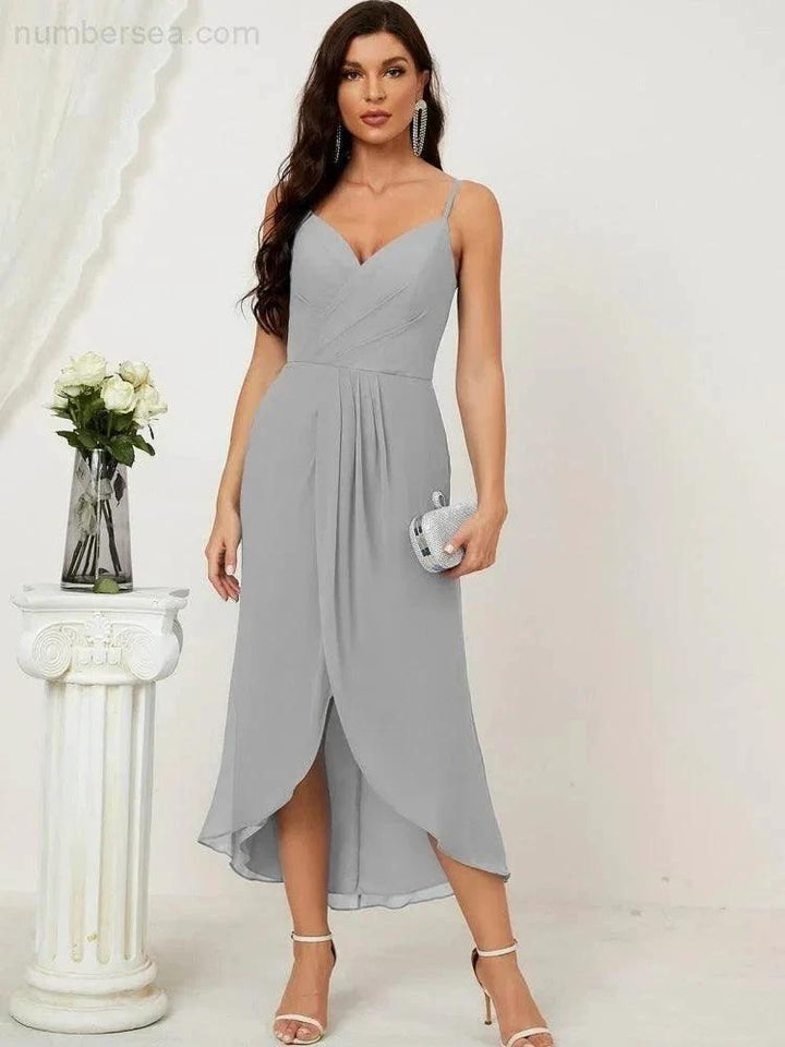 Numbersea Spaghetti Chiffon V Neck Bridesmaid Dress Mid-Length Slit Formal Prom Dress Homecoming Dress 2803 by numbersea
