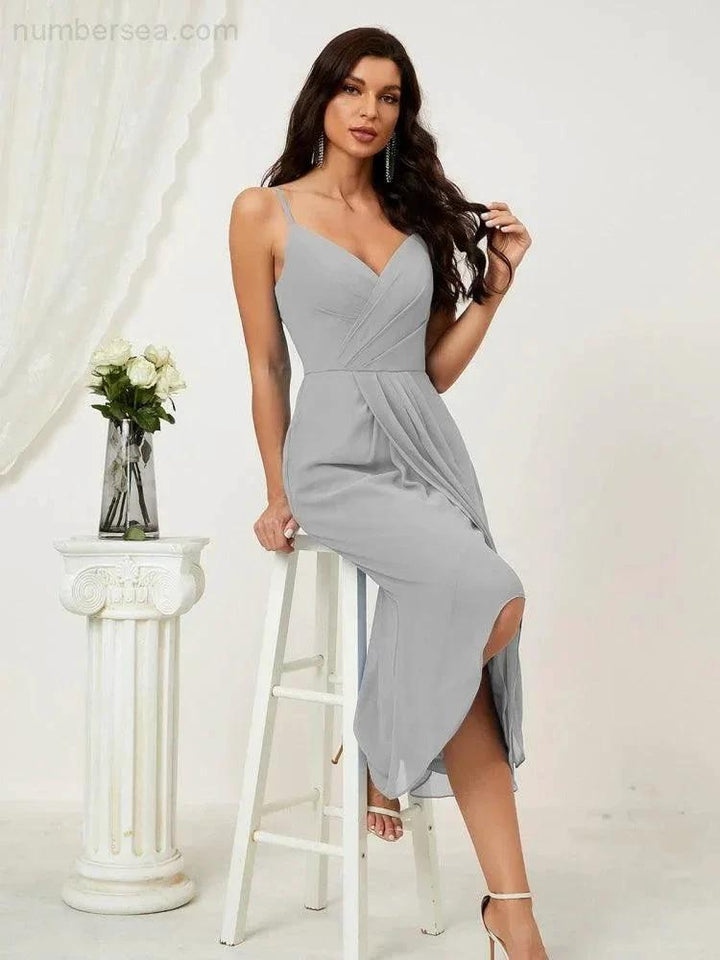 Numbersea Spaghetti Chiffon V Neck Bridesmaid Dress Mid-Length Slit Formal Prom Dress Homecoming Dress 2803 by numbersea