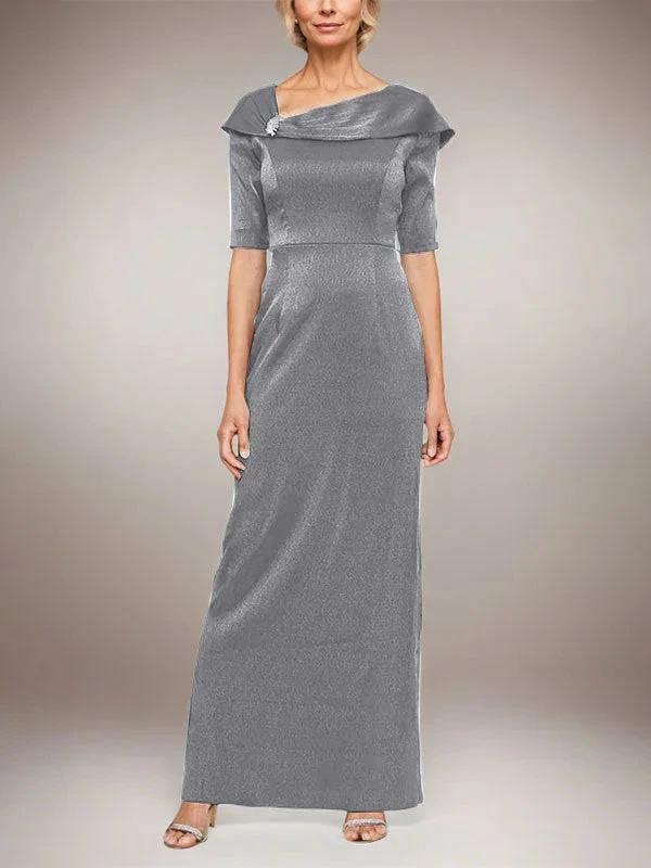 Long Shimmer Column Dress with Foldover Cuff L-Neckline and Elbow Sleeves by Dreamylily