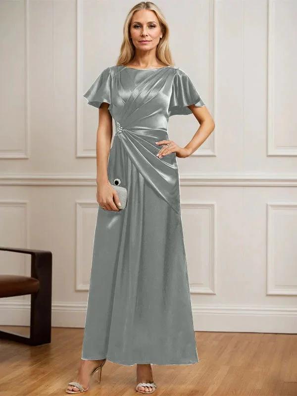 A-line Scoop Ankle-Length Stretch Satin Mother of the Bride Dress With Pleated Beading by Dreamylily