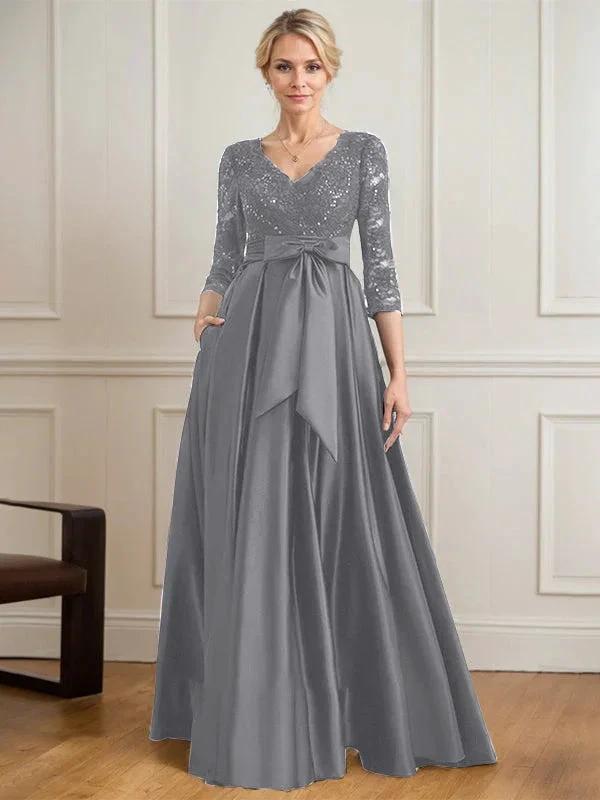 A-line V-Neck Floor-Length Satin Lace Mother of the Bride Dress With Sequins Bow by Dreamylily