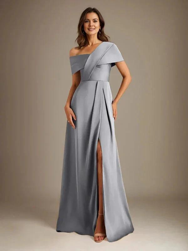 A-Line Asymmetrical Neckline Floor-Length Satin Mother of the Bride Dress With Pleated by Dreamylily