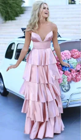 Elegant A-line Spaghetti Straps Satin Tiered Evening Dress Y728 by simplepromdress
