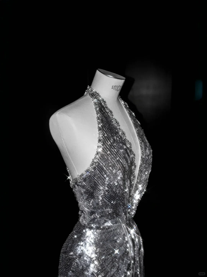 Sparkly Silver Deep V Halter Sequins Beaded Backless Evening Dress Mermaid Prom Dress Y8687 by simplepromdress
