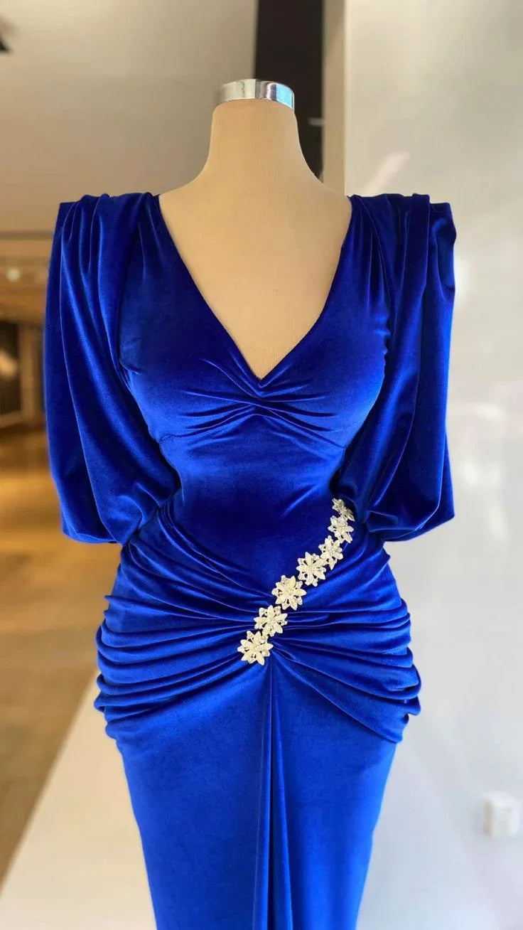 ZAPDRESS royal blue velvet dress with ruched details and floral embellishments on mannequin