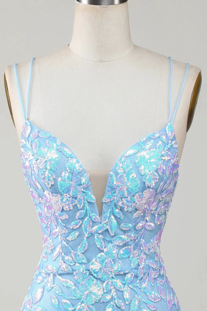 Blue Sheath Spaghetti Straps Short Homecoming Dress With Aqqliques by WEDTREND