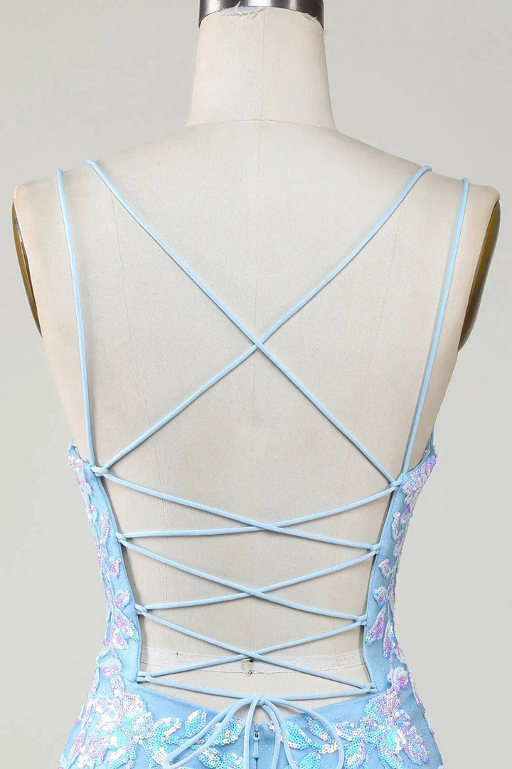 Blue Sheath Spaghetti Straps Short Homecoming Dress With Aqqliques by WEDTREND
