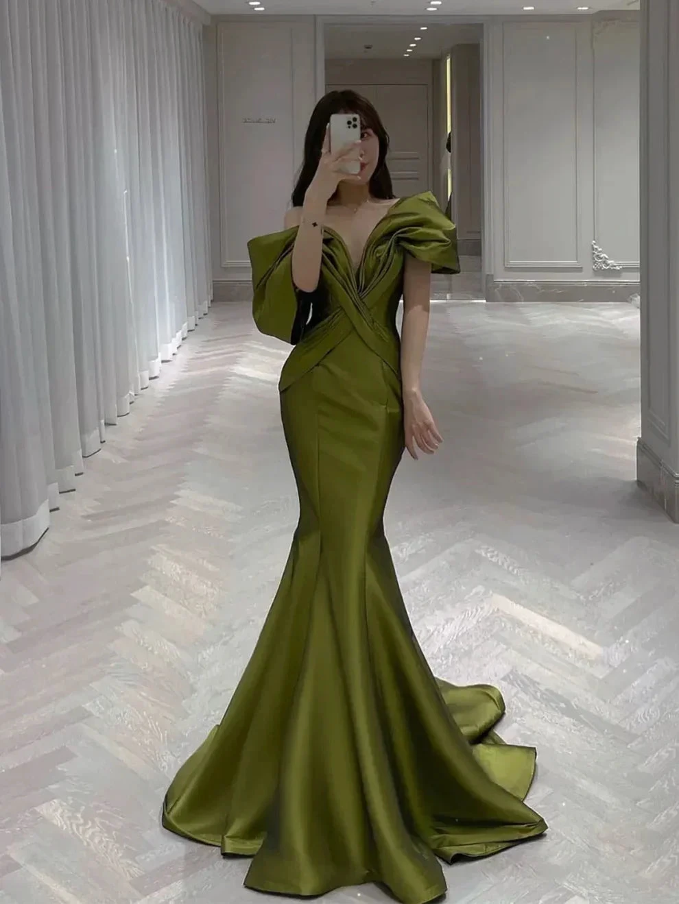 Green Satin Mermaid Evening Dress Off The Shoulder Long Prom Party Dress Y8128 by simplepromdress