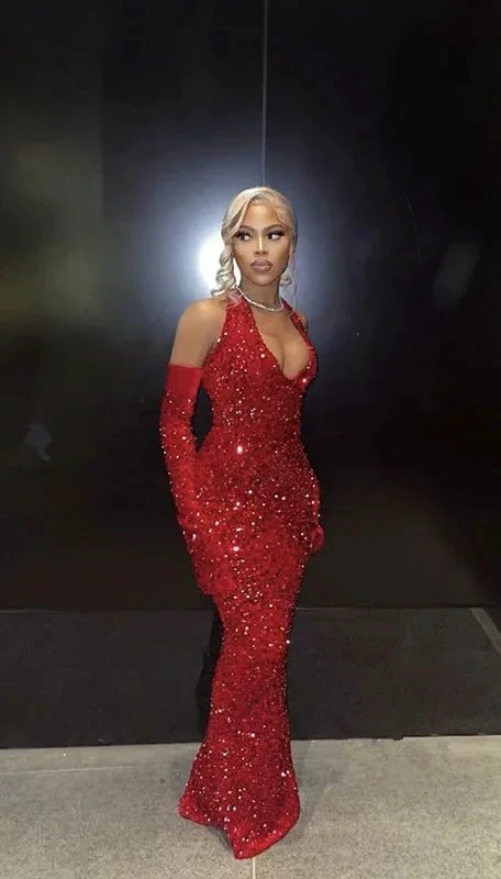 Black Girl Sexy Halter Sequin Red Prom Dress Long Mermaid Evening Dress Y7822 by simplepromdress