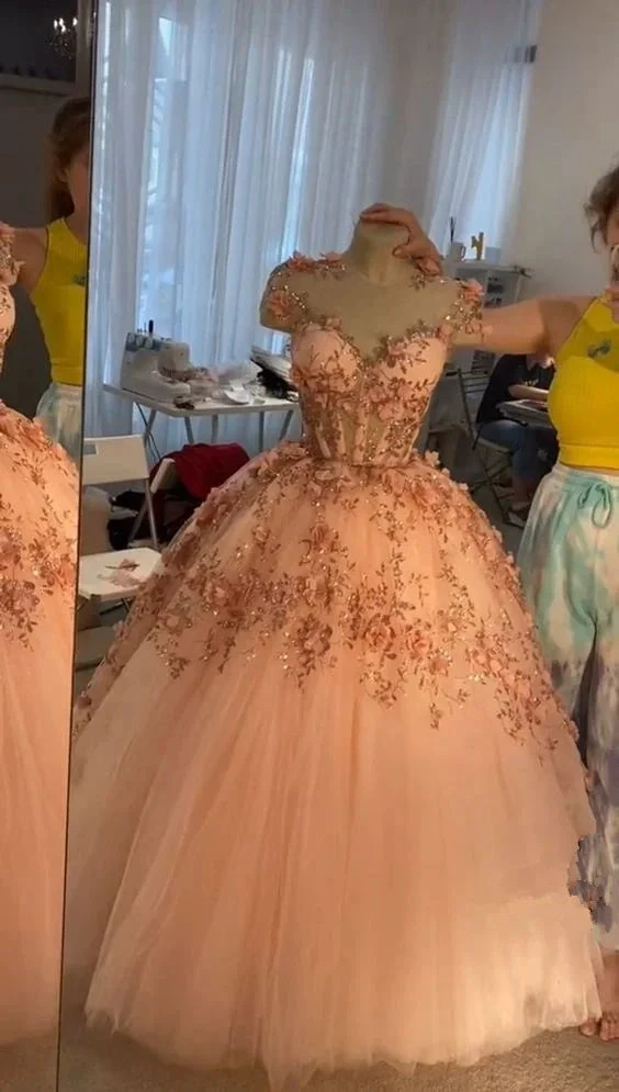 Blush Pink Flowers Applique Ball Gown,A Line Tulle Prom Dresses,Quinceanera Dresses Y388 by simplepromdress