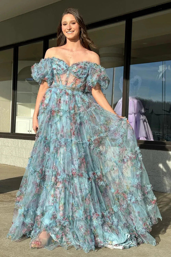 Sydney |A Line Sweetheart Printed Tulle Long Prom Dress by KissProm