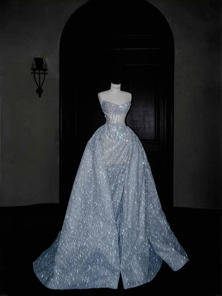 Glitter Strapless Blue Tulle Sequins A Line Prom Dress Evening Dress,Formal Wedding Dress Y8676 by simplepromdress