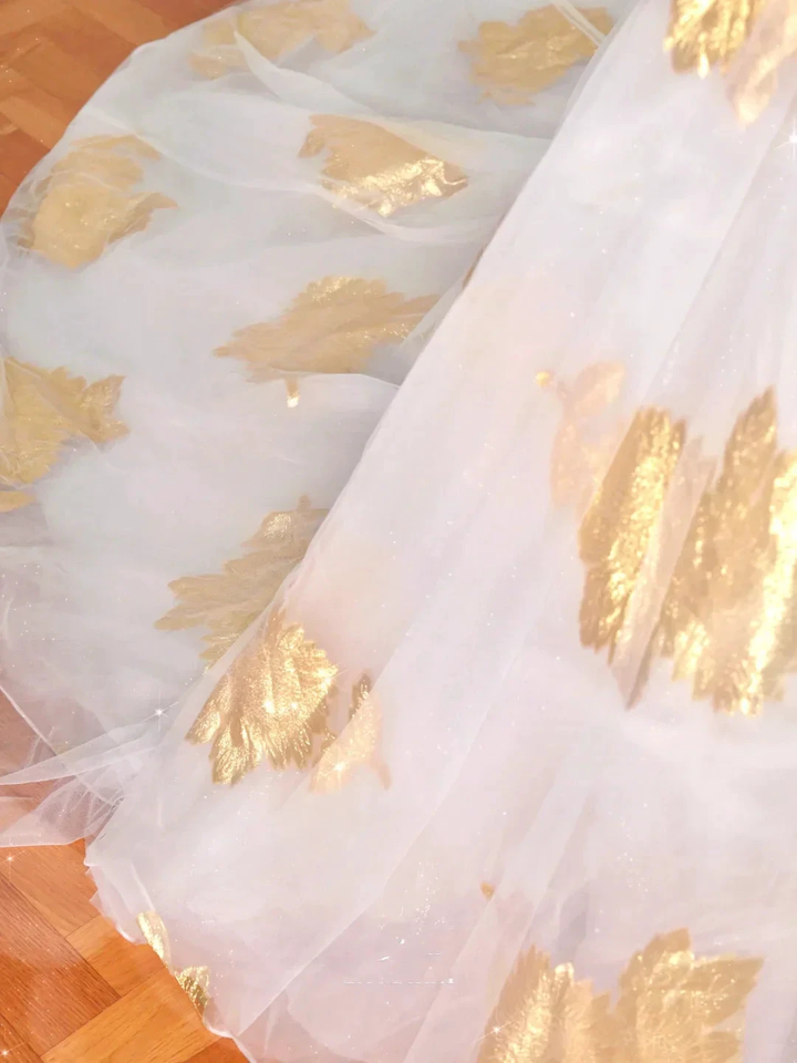 Gorgeous Gold Print Tulle Off The Shoulder Ball Gown A Line Prom Dress Evening Dress Y8618 by simplepromdress