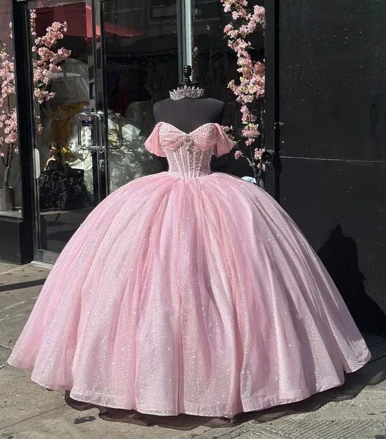 Glitter Off The Shoulder Pink Ball Gown,Pink Sweet 16 Dress,Pink Princess Dress Y7002 by simplepromdress