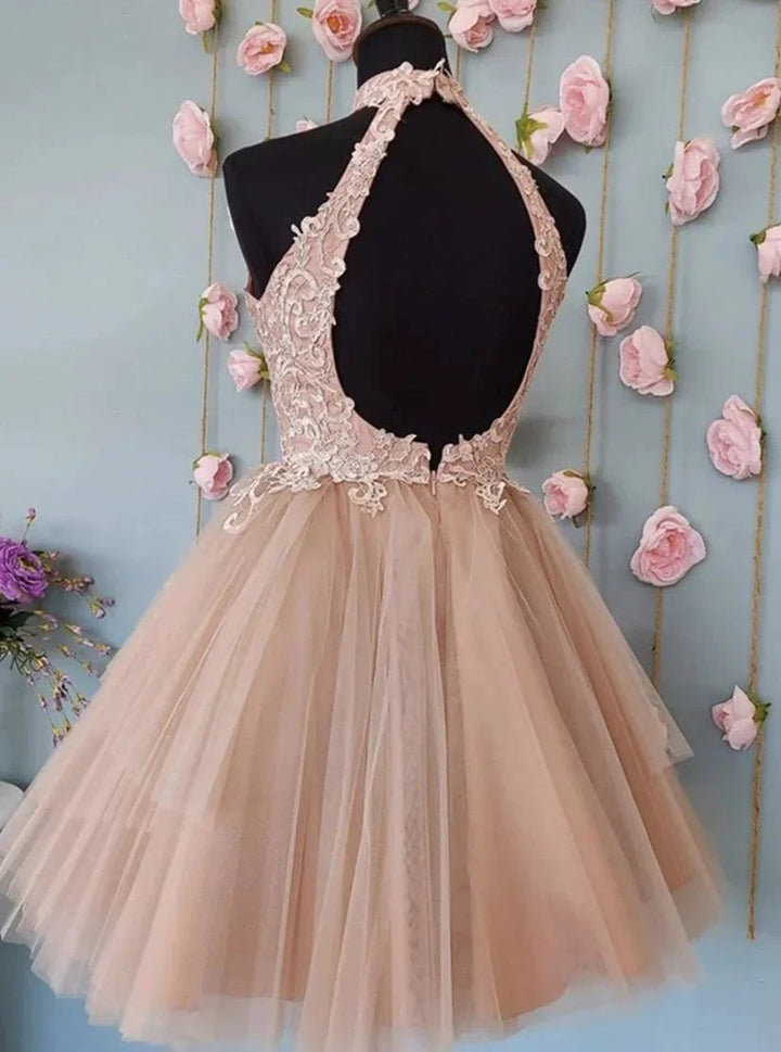 Cute Open Back Tulle Lace Short Prom Dresses Homecoming Dresses by Ombreprom