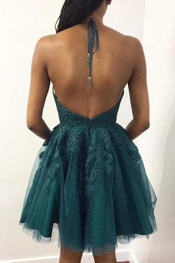 Halter Neck Short Emerald Green Lace Prom Dresses Homecoming Dresses PD448 by pgmdress