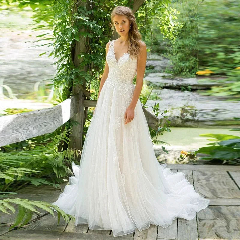 Haute Couture Elegant White Tulle Backless Spaghetti Strap Sweep Train V-Neck Backless A-LINE Embroidery Wedding Dress by payinti
