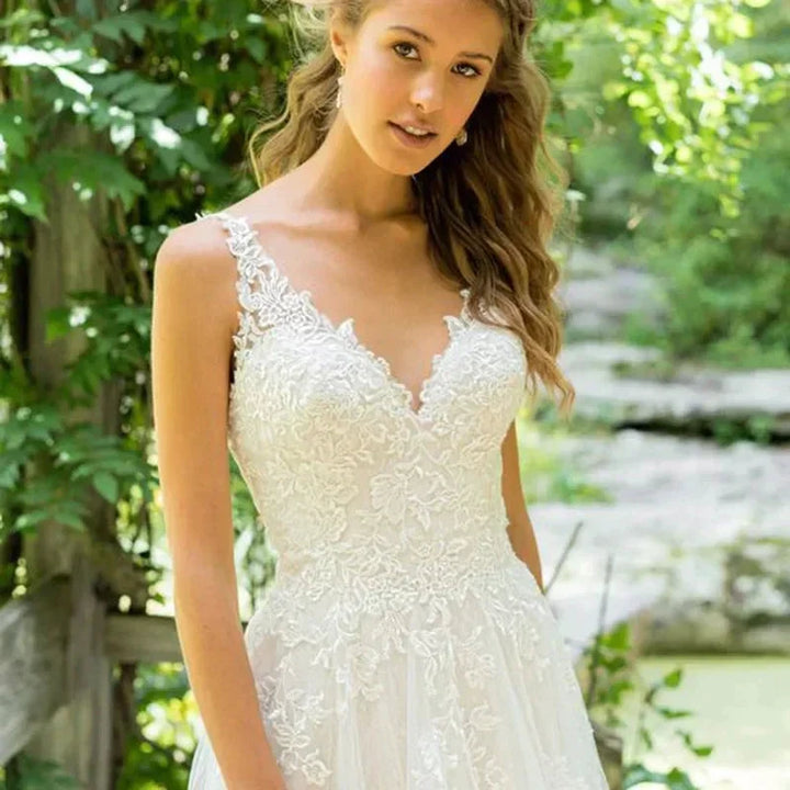 Haute Couture Elegant White Tulle Backless Spaghetti Strap Sweep Train V-Neck Backless A-LINE Embroidery Wedding Dress by payinti