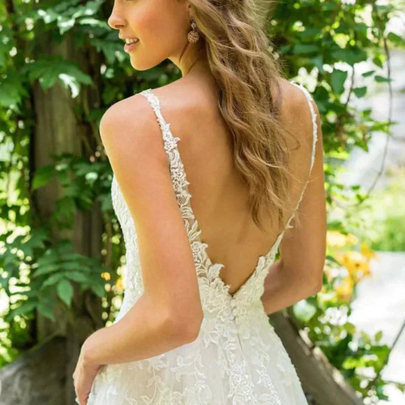 Haute Couture Elegant White Tulle Backless Spaghetti Strap Sweep Train V-Neck Backless A-LINE Embroidery Wedding Dress by payinti