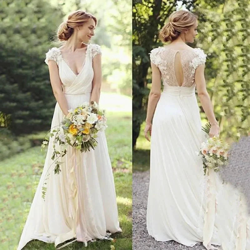 Haute Couture White 3D Appliques Bride Dress Deep V-Neck Backless Satin Sweep Train A-LINE Bespoke Wedding Dress by payinti