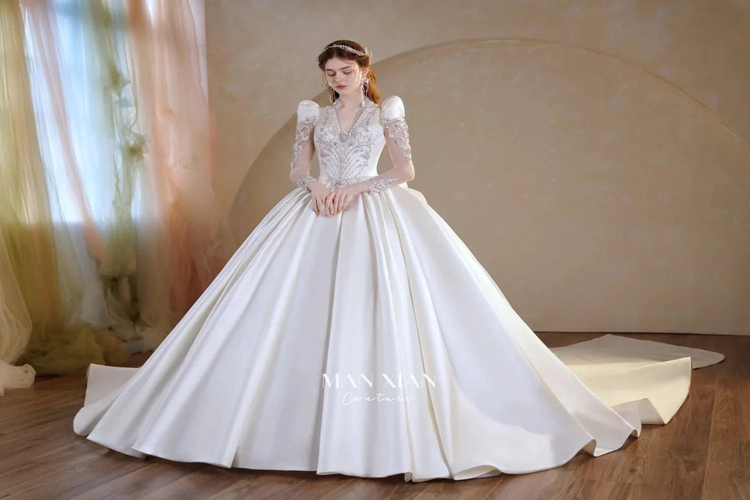 Opulent Ivory V-Neck Satin Ball Gown with Crystal Embroidery, Sheer Sleeves &amp; Keyhole Back Bow A001 by ZAPDRESS