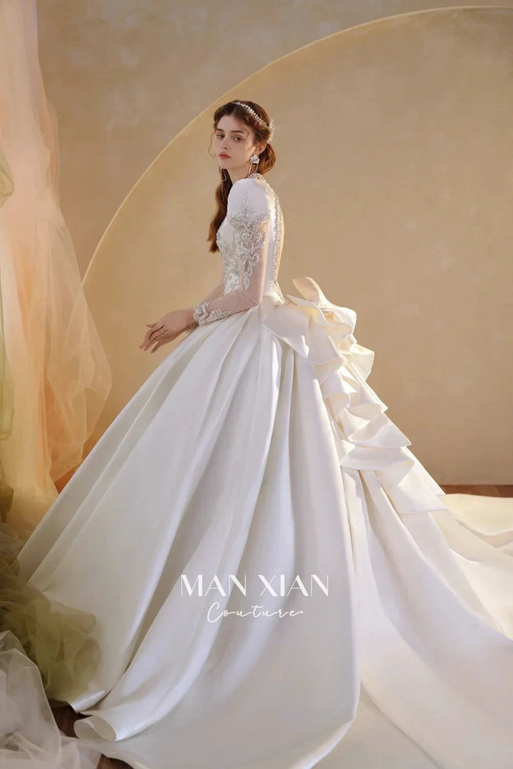 Opulent Ivory V-Neck Satin Ball Gown with Crystal Embroidery, Sheer Sleeves &amp; Keyhole Back Bow A001 by ZAPDRESS