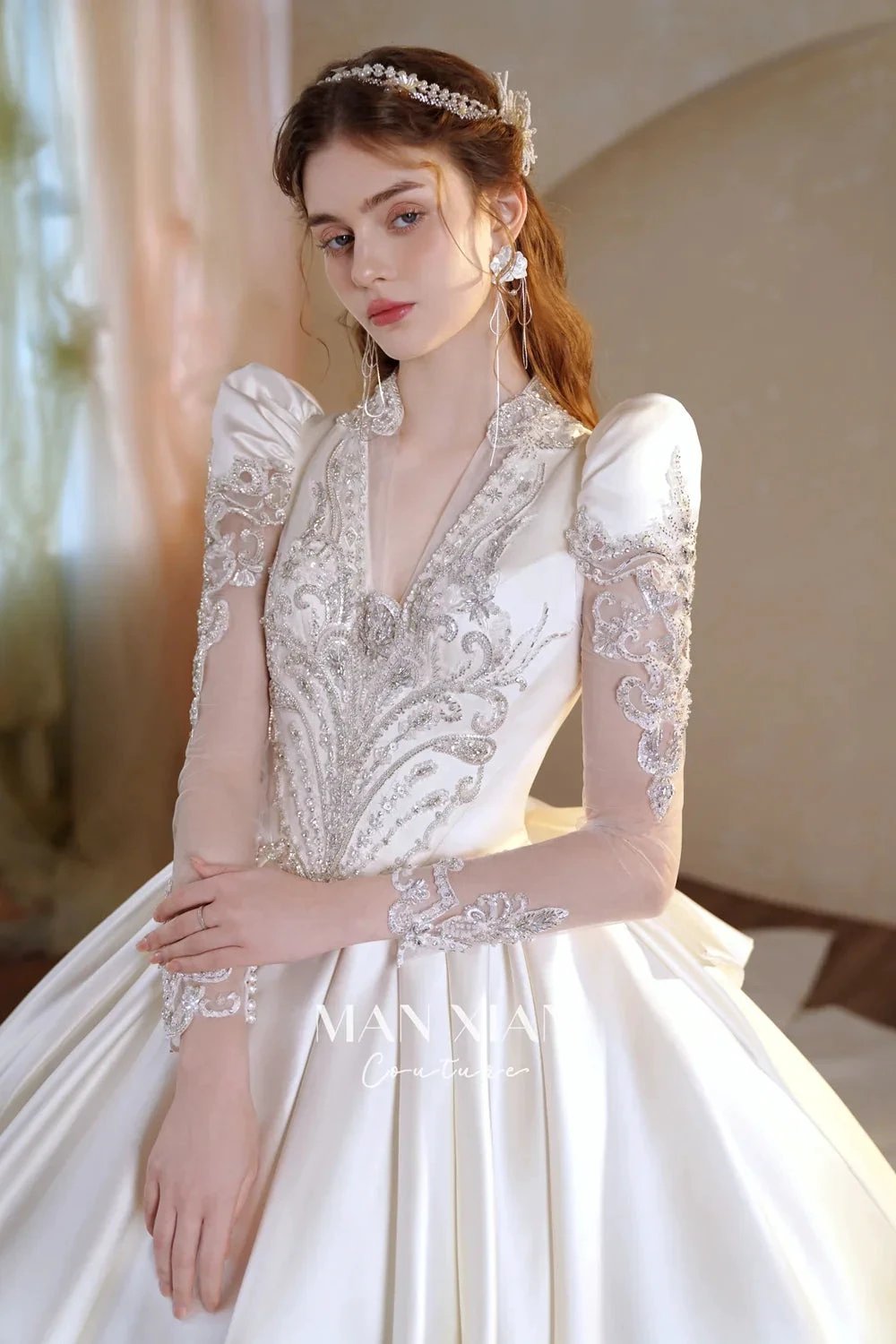 Opulent Ivory V-Neck Satin Ball Gown with Crystal Embroidery, Sheer Sleeves &amp; Keyhole Back Bow A001 by ZAPDRESS