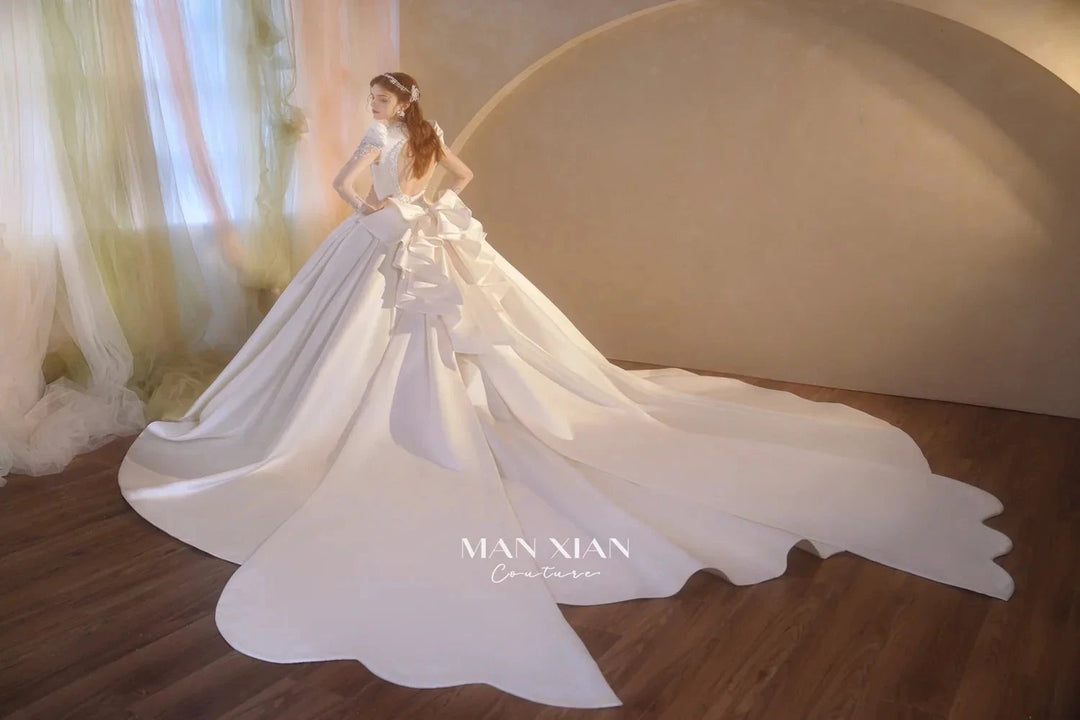 Opulent Ivory V-Neck Satin Ball Gown with Crystal Embroidery, Sheer Sleeves &amp; Keyhole Back Bow A001 by ZAPDRESS