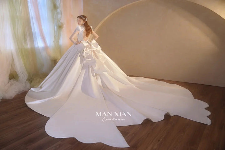 Opulent Ivory V-Neck Satin Ball Gown with Crystal Embroidery, Sheer Sleeves &amp; Keyhole Back Bow A001 by ZAPDRESS