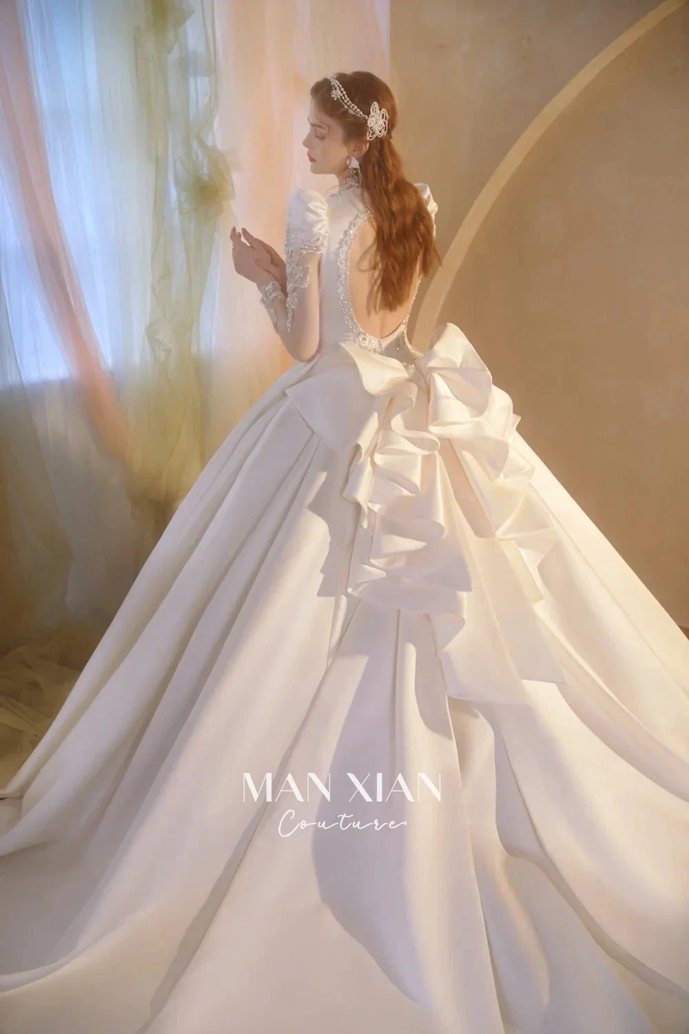 Opulent Ivory V-Neck Satin Ball Gown with Crystal Embroidery, Sheer Sleeves &amp; Keyhole Back Bow A001 by ZAPDRESS