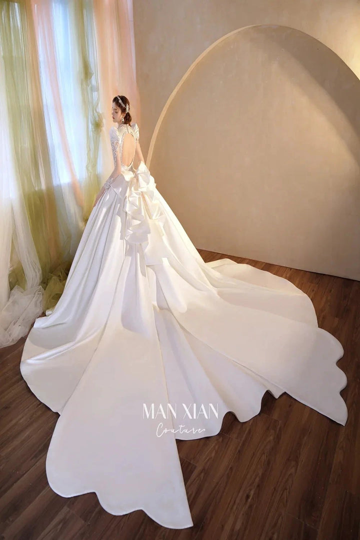 Opulent Ivory V-Neck Satin Ball Gown with Crystal Embroidery, Sheer Sleeves &amp; Keyhole Back Bow A001 by ZAPDRESS
