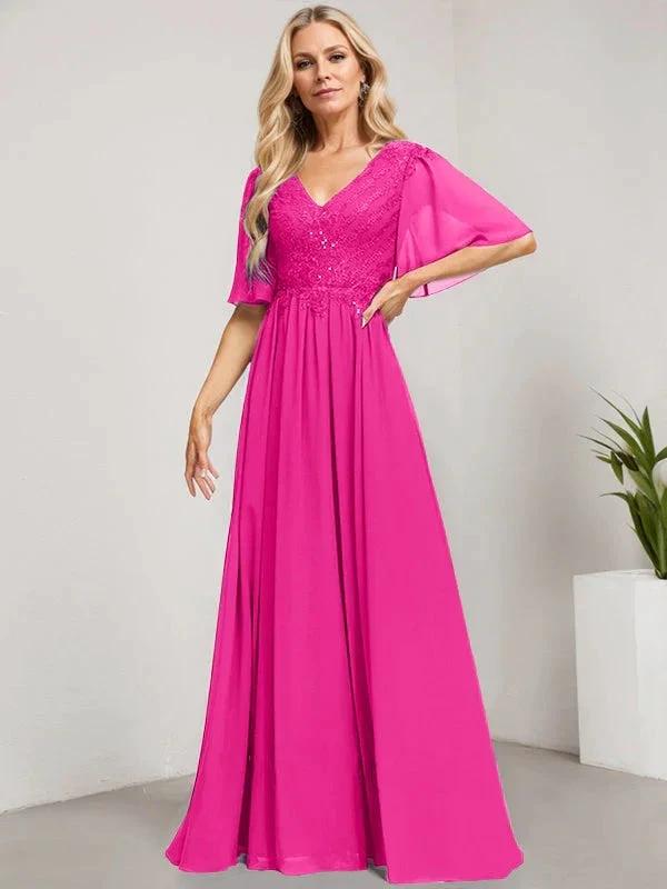 A-line V-Neck Floor-Length Lace Chiffon Mother of the Bride Dress With Sequins by Dreamylily
