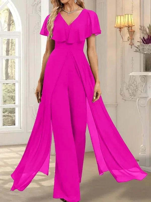 Jumpsuit/Pantsuit V-Neck Floor-Length Chiffon Evening Dress by Dreamylily