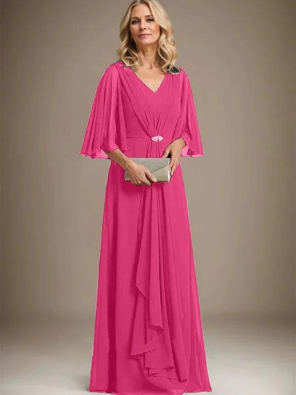 A-line V-Neck Floor-Length Chiffon Mother of the Bride Dress With Cascading Ruffles Crystal Brooch by Dreamylily