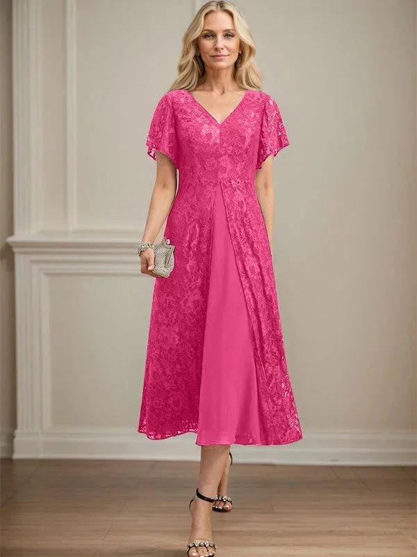 A-line V-Neck Tea-Length Lace Chiffon Mother of the Bride Dress by Dreamylily