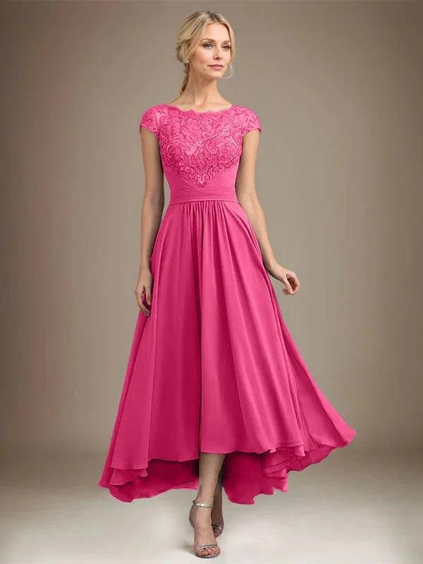 A-line Scoop Illusion Asymmetrical Lace Chiffon Mother of the Bride Dress With Pleated by Dreamylily