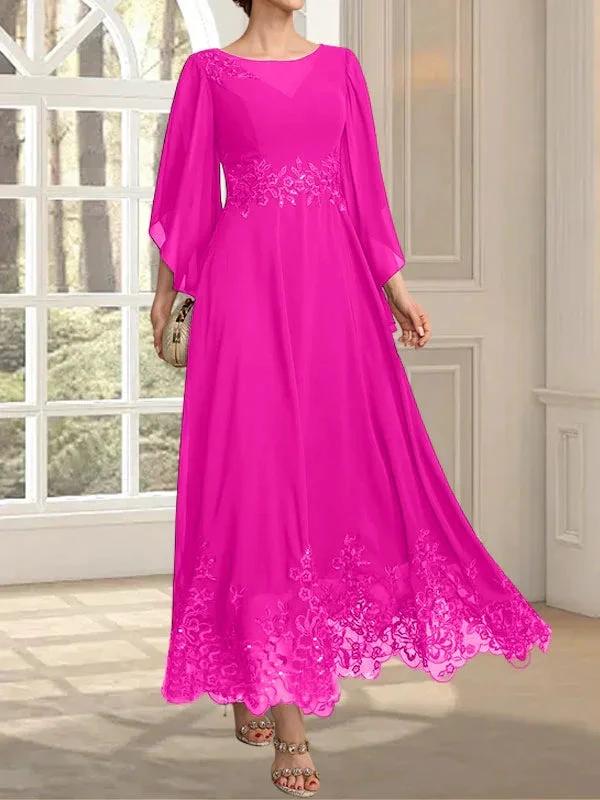 A-line Scoop Illusion Ankle-Length Lace Chiffon Mother of the Bride Dress With Sequins by Dreamylily