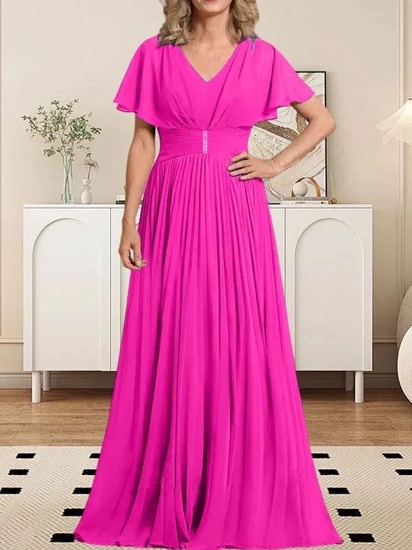A-line V-Neck Floor-Length Chiffon Mother of the Bride Dress With Crystal Brooch Pleated by Dreamylily