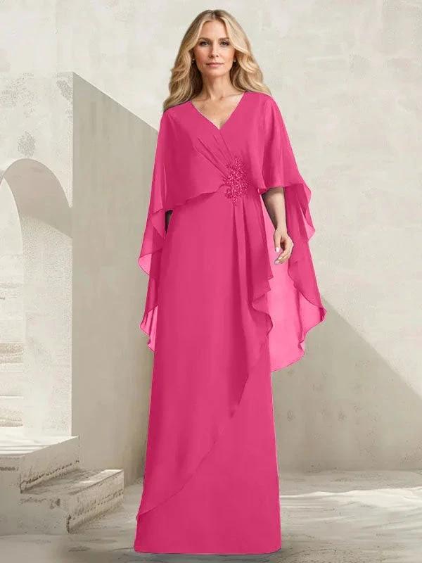 A-line V-Neck Floor-Length Chiffon Mother of the Bride Dress With Cascading Ruffles Beading by Dreamylily