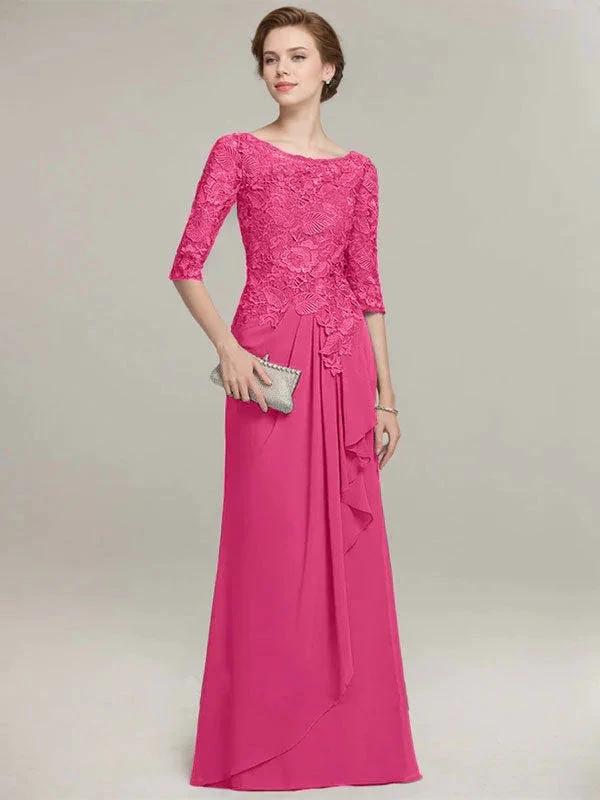 A-line Scoop Illusion Floor-Length Lace Chiffon Mother of the Bride Dress With Cascading Ruffles by Dreamylily