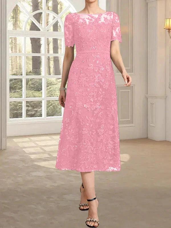 A-line Scoop Illusion Tea-Length Lace Mother of the Bride Dress With Sequins by Dreamylily