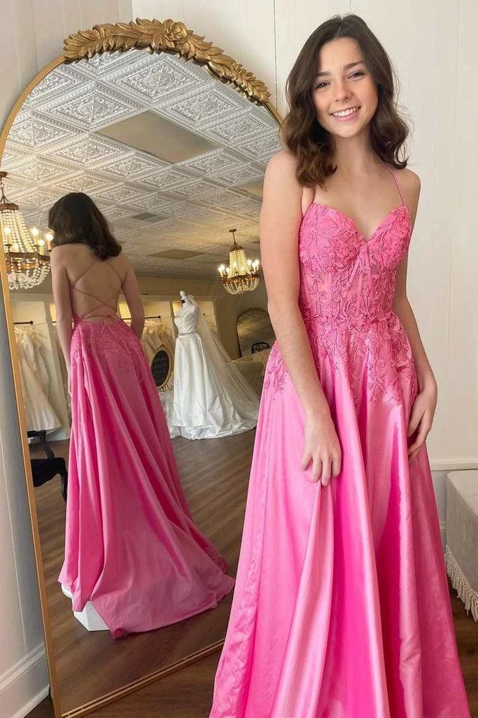 Hot Pink Floral Appliques Lace-Up A-Line Prom Evening Dress PSK393 by pgmdress