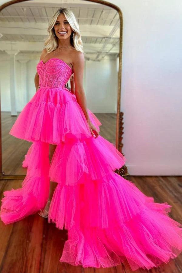 Hot Pink High Low Sweetheart Tiered Prom Dress Evening Dress PSK398 by pgmdress