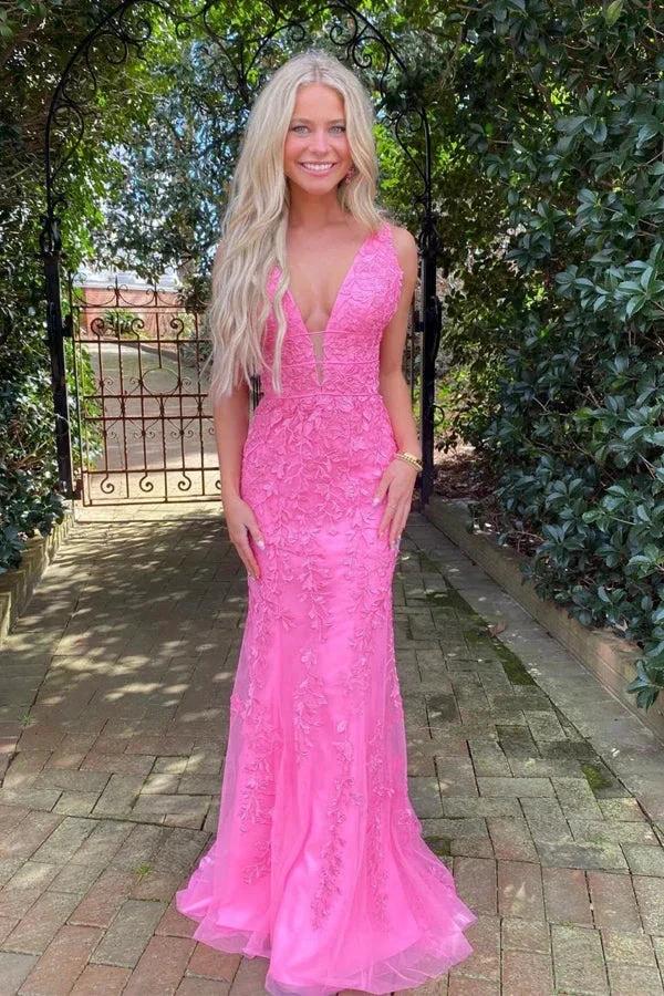 Hot Pink Mermaid Deep V-Neck Prom Dress With Appliques PSK457 by pgmdress